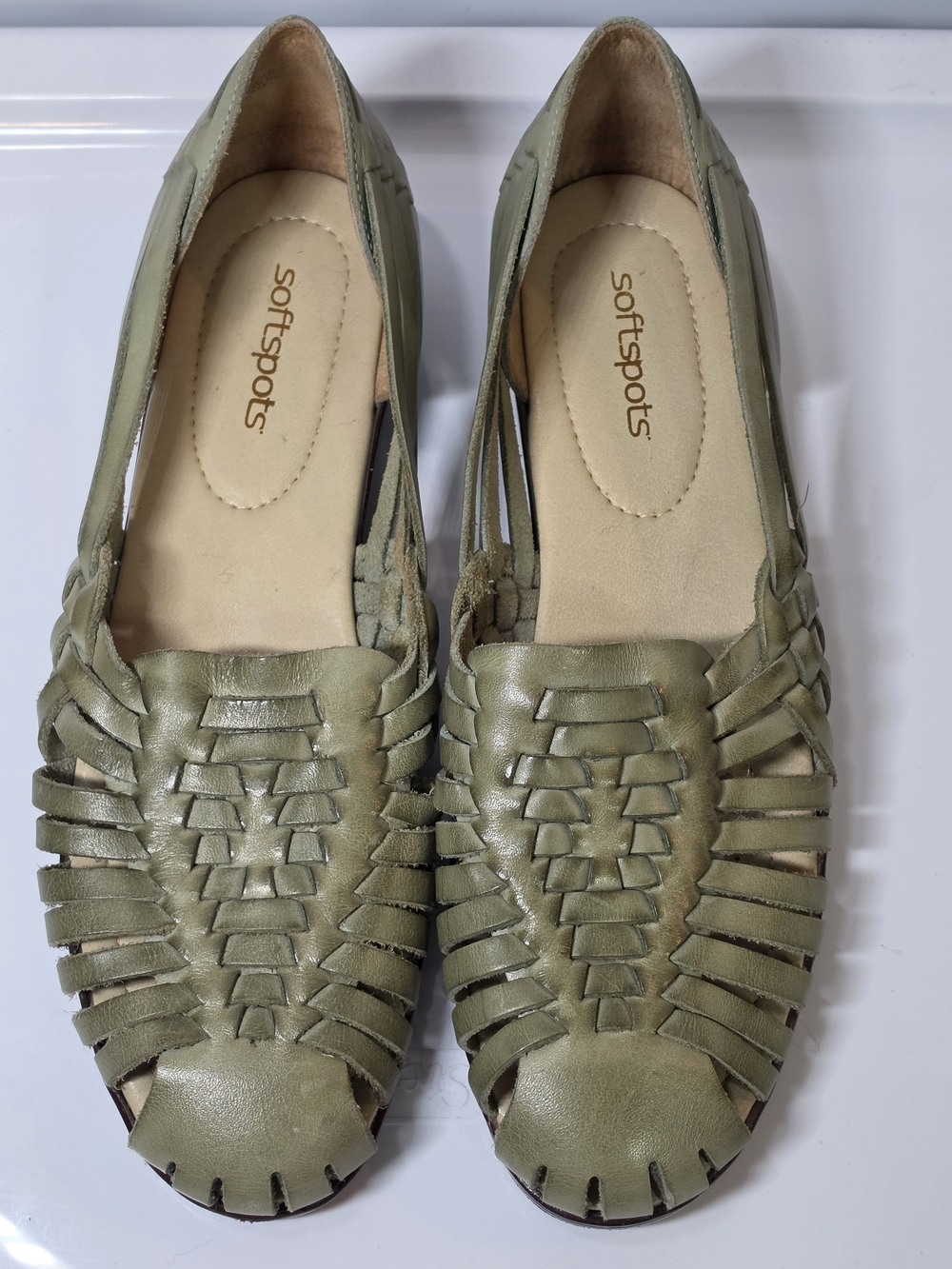 Vintage Softspots Trinidad Huarache Sandals Green Leather Size 10 SS Super Slim